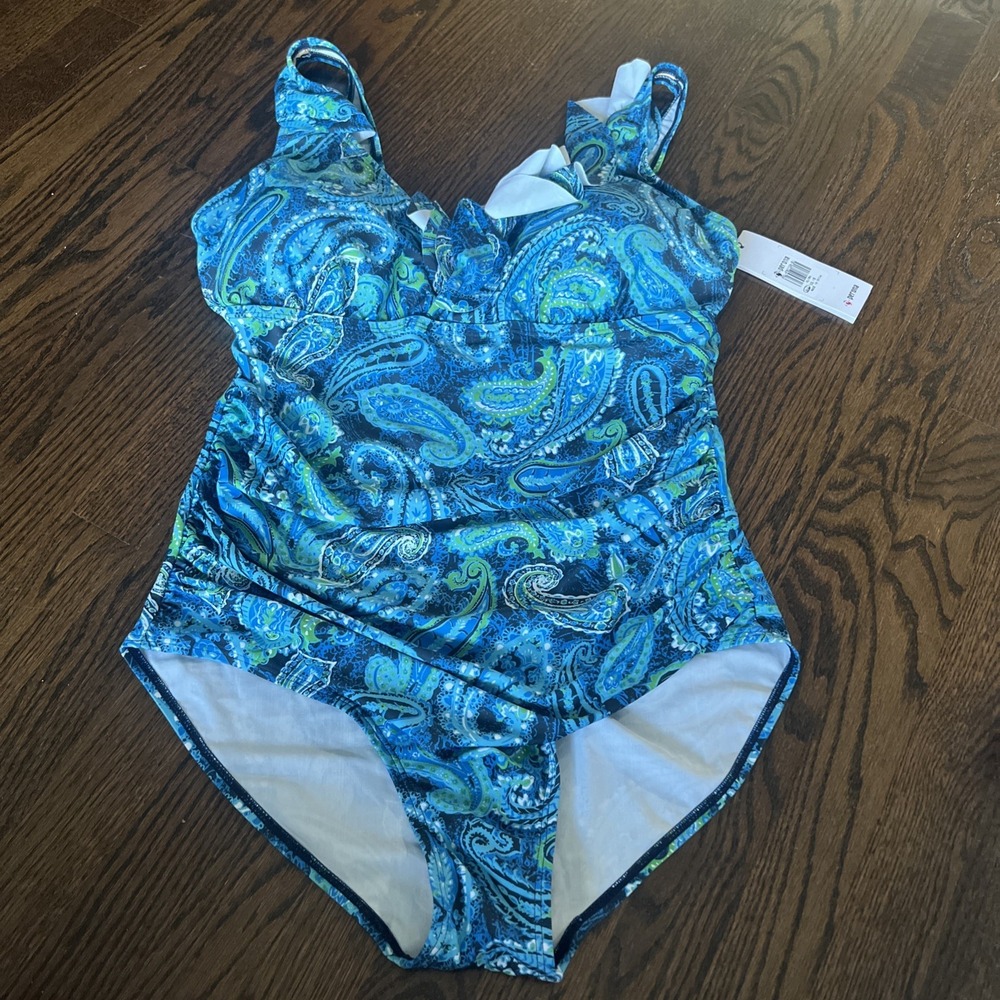 Perona Blue Paisley Print Ruffle Trim One Piece Swimsuit Women's Size 18 New
